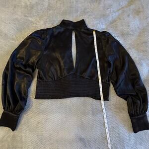 Esley Large Cropped Black Mock Neck Long Puffy Sleeves Low Cut Keyhole Blouse